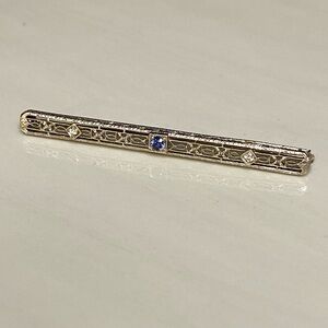 Antique 14K White Gold Art Deco Diamond & Sapphire Bar Brooch